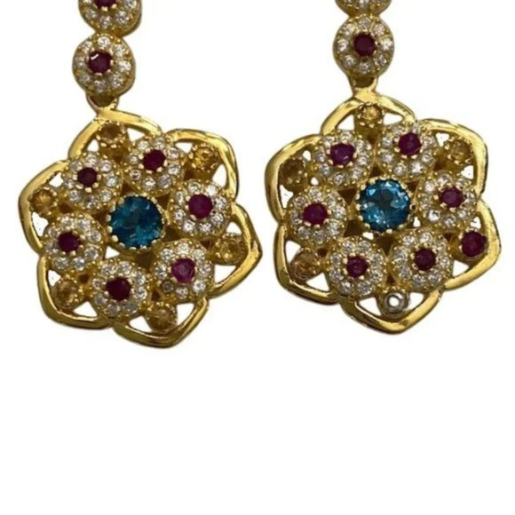 Gold Plated Sterling Silver Topaz Ruby CZ Dangle Earrings - Picture 7 of 7